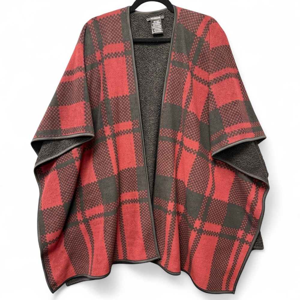 IKE BEHAR Poncho Womens‎ One Size Black Red Plaid Soft Fleece Lined Christmas